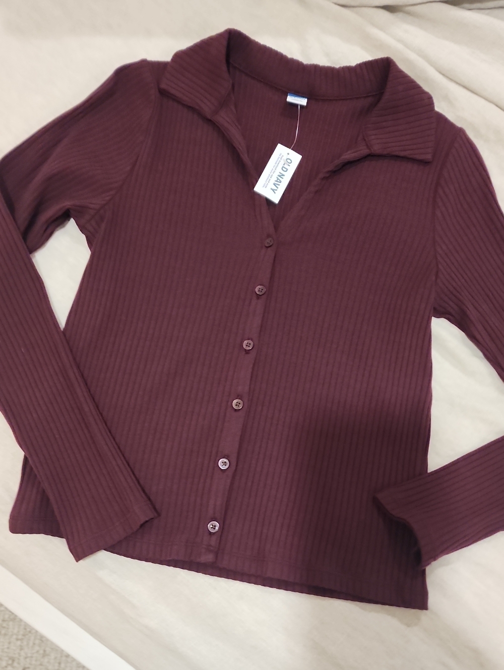 Old Navy Burgundy Ribbed Button-Front Collared Top